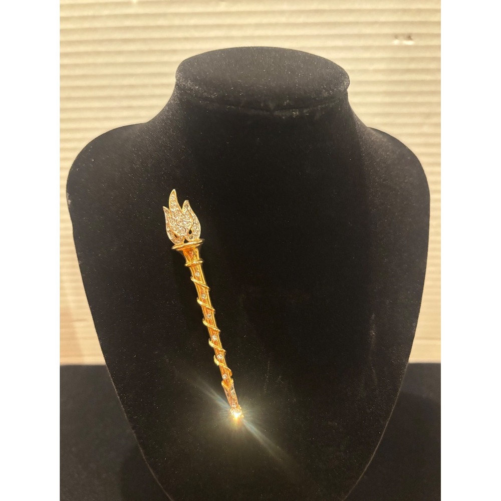 Trifari 1990 Olympic Torch Brooch Gold Tone Rhinestone Commemorative Pin